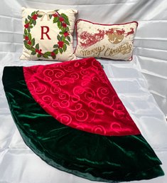 2  Decorative Christmas Pillows With Tree Skirt