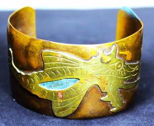 Large Vintage Mixed Metals Mexican Cuff Bracelet Having Dragon Design