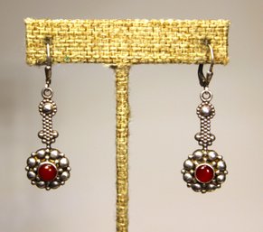 Pair Fine Sterling Silver Pierced Drop Earrings Having Carnelian Stones