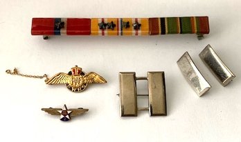 Lot Of Military Pins: RAF Early Warning Reporting System Pin, SAC 2 Pin, Lieutenant Bars, WWII Ribbon Bar