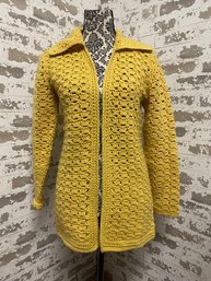 Vintage Hand-crochet Cardigan Sweater/large Collar In Mustard