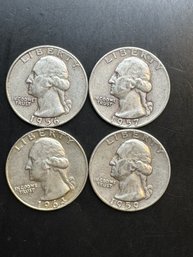 4 Silver Washington Quarters 1956, 1957-D, 1959-D, 1964-D