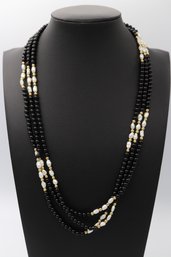 Elegant 3 Strand Black Onyx, Fresh Water Pearl, & 14k Yellow Gold Bead Necklace