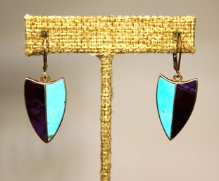 Fine Pair Sterling Silver Black Onyx And Turquoise Shield Formed Pierced Earrings