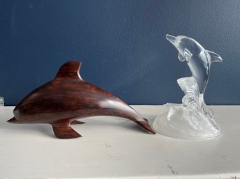 Rosewood Whale And Crystal D'arques Dolphin On Frosted Crest Of Wave