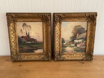 Pair Of Framed Cottage Scene Paintings By Augustus Spencer