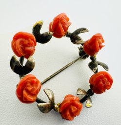 VINTAGE STERLING SILVER CARVED CORAL ROSES BROOCH