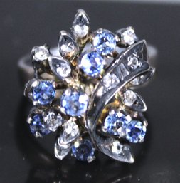 Vintage Sterling Silver Princess Ring Having Light Blue And White Gemstones Size 6.25