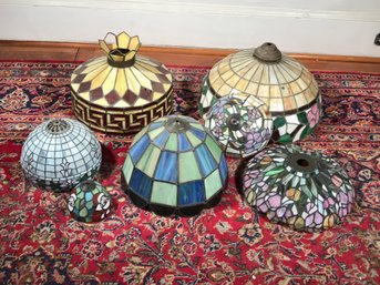 Group Of  Seven (7) Vintage / Antique Tiffany Style Lamp Shades - Some Good Some Need Repairs - Nice Lot !