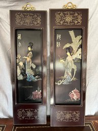 Pair Of Jinlong Chinese Black Lacquer & Natural Stone & Gold Inlay Panels (Lot 1 Of 2)
