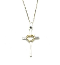 Vintage Sterling Silver Cross With Vermeil Heart Pendant Necklace