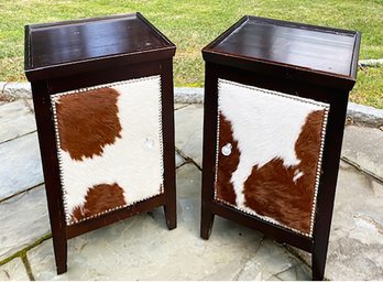 A Pair Of Modern Calfskin Paneled Nightstands With Nailhead Trim By Uttermost