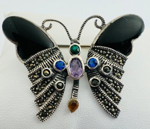 GORGEOUS STERLING SILVER MULTI GEMSTONE, ONYX AND MARCASITE BUTTERFLY BROOCH