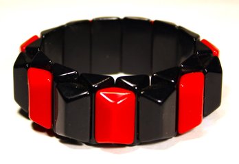 Rare Vintage Bakelite Black And Red Plastic Expandable Bracelet