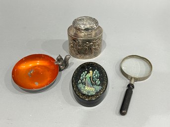 Lot Of Silverplate Dish, Tea Caddy, Magnifier, And Painted Box