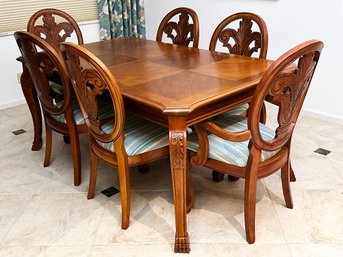 A Carved And Inlaid Hard Wood Dining Table And Set Of 6 Balloon Back Chairs By Ashley Furniture (Pads Too!)