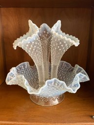 Fenton Opalescent Diamond Lace Glass ,three Horn Epergne.
