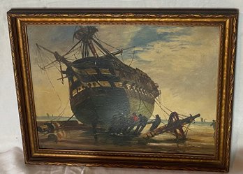 Framed Oil On Panel Of Ship Signed Lower Left