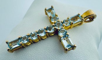 DESIGNER ROSS SIMONS GOLD OVER STERLING SILVER BLUE TOPAZ CROSS PENDANT