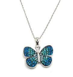 Beautiful Italian Sterling Silver Chain With Blue Rhinestones Butterfly Pendant
