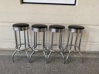 Set Of 4 Vintage Chrome & Black Vinyl Swivel Barstools