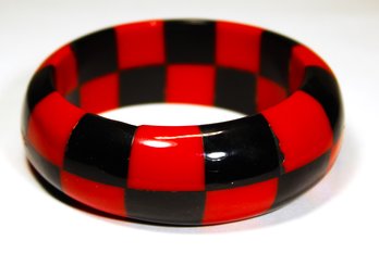 RARE Vintage Bakelite Black And Red Checkerboard Pattern Wide Bangle Bracelet