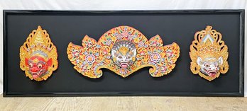 Vintage Ornate Tibetan Masks - Large And Mounted On Backer