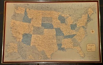 Vintage Framed Wall Map Of The U.S. From Rand McNally & Co.
