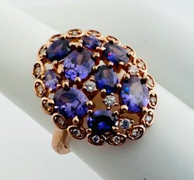 PRETTY ROSE GOLD OVER STERLING SILVER AMETHYST AND WHITE STONE RING