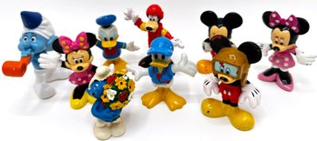 9 Figurines: Disney Mickey Mouse, Mini Mouse, Goofy & Smurfs