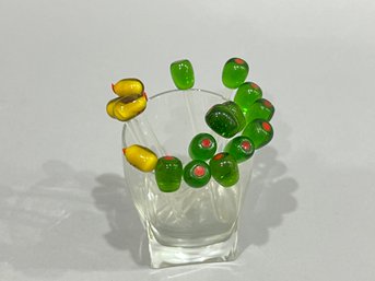 Group Of 16 Vintage Glass Olive Sandwich Skewers