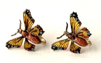 Pair Of Sterling Screw Back Enameled Butterfly Earrings