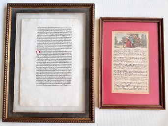 Page From Latin Text, Framed So Both Sides Are Visible & The Generous Confidence Sheet Illustrated Music