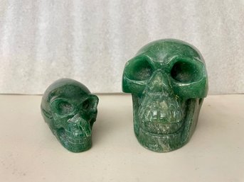 Two Green Aventurine Skulls, 14.7 Oz & 2 Lb 14.2 Oz