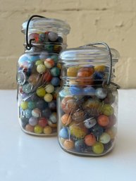 Lot Of Two Vintage Glass Jars Filled With Marbles
