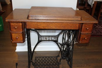 Antique Singer Sewing Machine And Oak Table