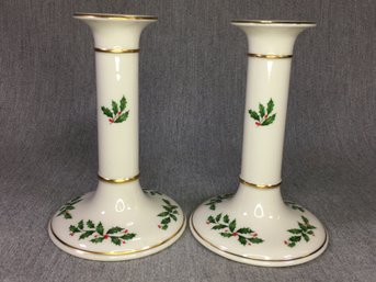Pair Of Mint LENOX Porcelain Candle Holders HOLLY / HOLIDAY Pattern - Perfect Condition - Made In USA !