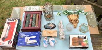 Table Lot Of Misc. House Goods & Decor - Key Safe, Candle Holders Martha Stewart, Antique Metal Cigarette Case