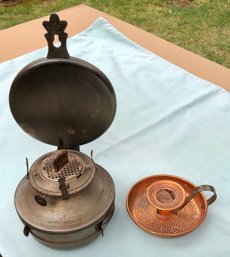 Early American Colonial Style Lighting - Wall Mount Sconce Oil Lantern & Hammered Copperware Candle Stick