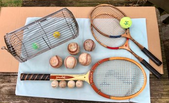 Lot Of Vintage / Antique Sports Items - Baseballs, Golf Balls, Spaulding Wood Tennis Racket, Mix Cage, Rackets