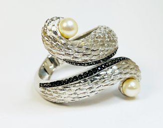 Unique Snakelike Silver Tone Faux Pearl Hinged Cuff Bracelet