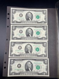 Four 1976 Series A 2 Dollar Bills.