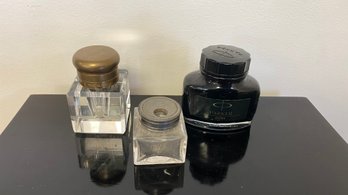 Two Ink Well One Marked Mont Blanc & Bottle Of Parker Ink