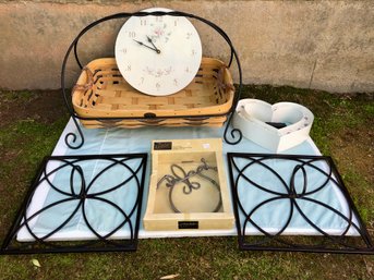 Lot Of Home Decor, Some Still In The Package - Clock, Centerpiece, Towel Ring, 2 Iron Trivets
