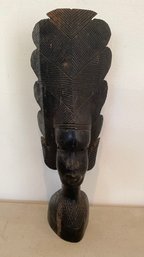 A Vintage Carved African Wooden Bust Head With Feathers