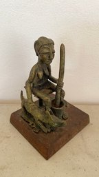 African Art - Vintage Cast Bronze Ashanti Woman Pounding Fufu