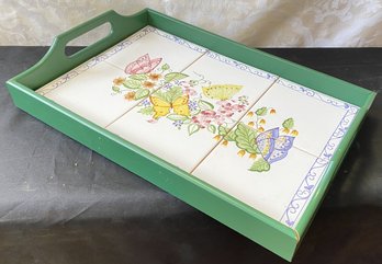 A Vintage Wood And Tile Serving Tray By Casafina