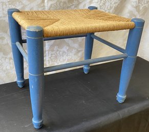 A Vintage Painted Blue Rush Seat Stoll