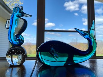 Art Glass Whale And Seahorse.  7'