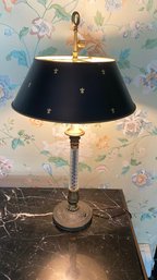 A Vintage Brass And Glass Bouillotte Lamp With Fleur De Lis Tin Shade